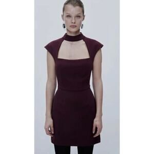 Zara Womens Choker Cut-Out Square Neckline Mini Dress in Perfect Plum Medium $65